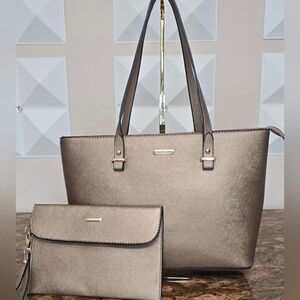 Bronze Metallic  Tote Bag w/ Matching Wristlet Clutch Large Shoulder Handbag